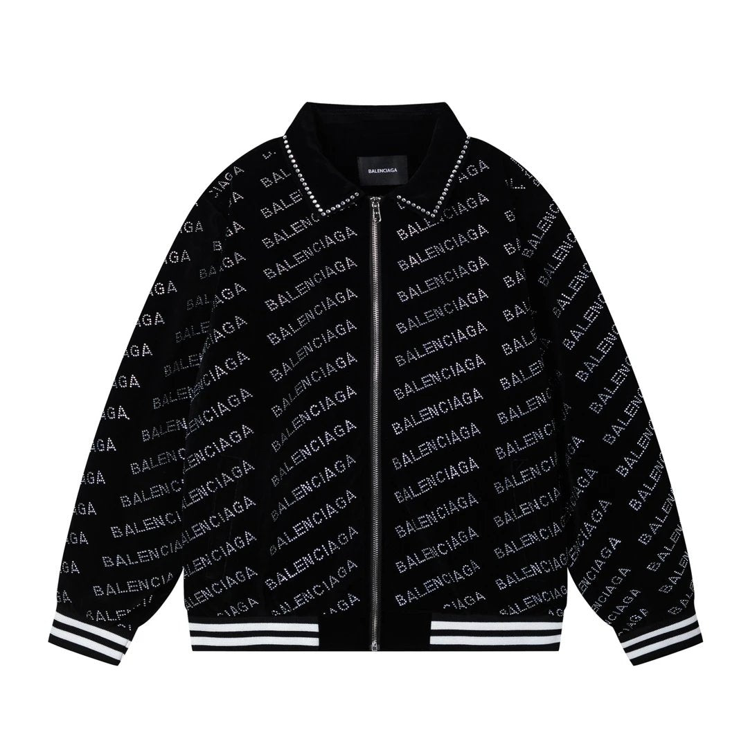 Balenciaga Jackets Whole Body logo Rhinestone Baseball Jacket Coat Unisex Autumn Winter New Thick Versatile