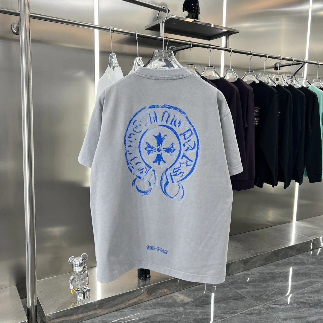 Chrome Hearts T-shirt American Style Distressed Washed Crew Neck Short Sleeve Pure Cotton Unisex T T-shirt OS Loose Fit T-Shirt Casual Simple Base Shirt