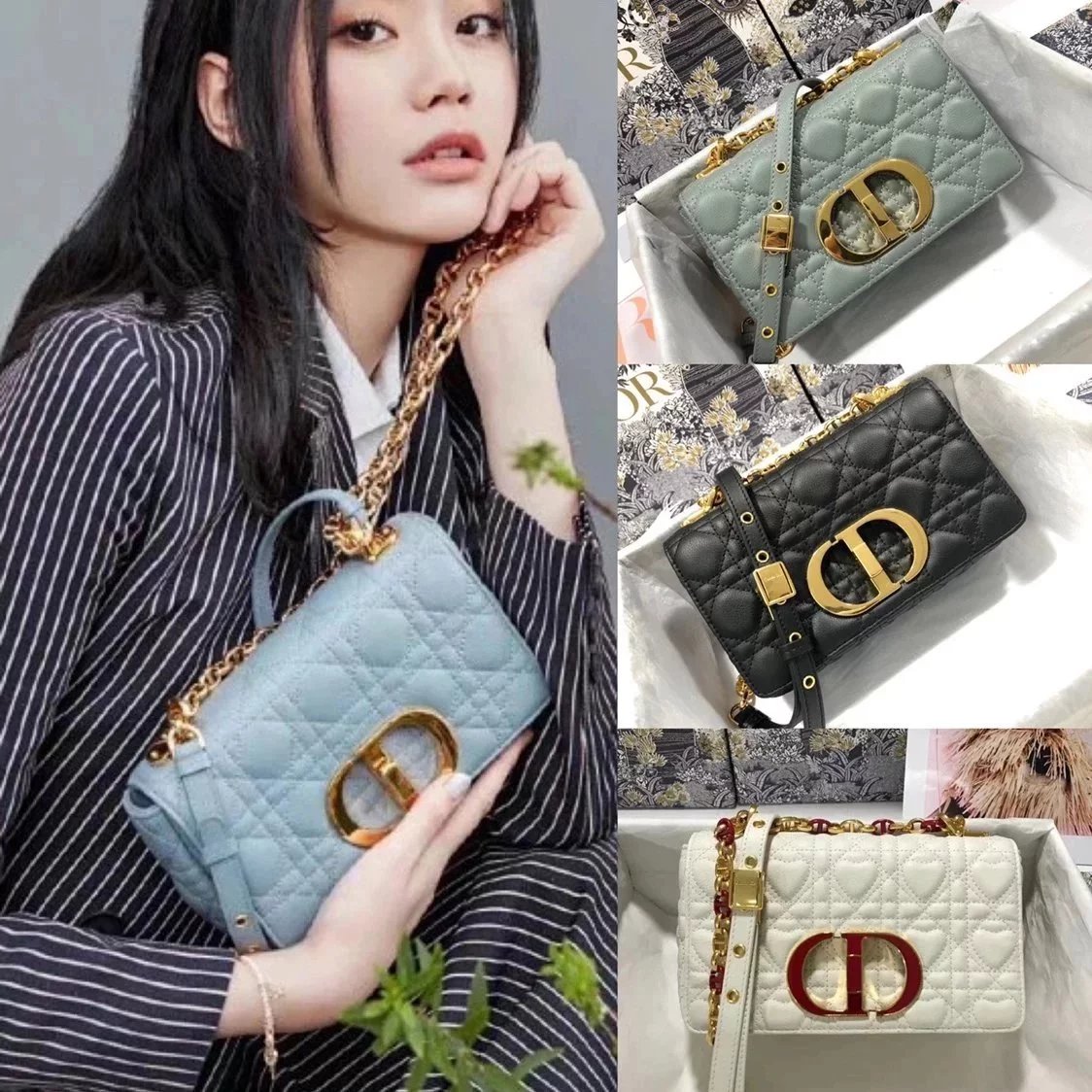 Dior Women's Bag Top version Caro2023Spring New,Cowhide with Classic Rhombus Women's Bag Chain Bag Shoulder Crossbody Handbag