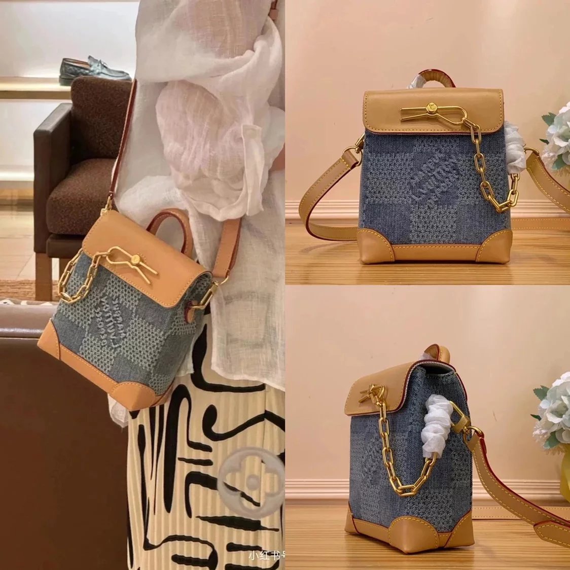 Louis Vuitton LV Women's Bag Top version The Highest Version of Original Leather24Spring and Summer New Denim Denim NanoSteamer Mobile Phone Bag Men's and Women's Bags Shoulder Crossbody Portable Underarm mini Mini Handbag