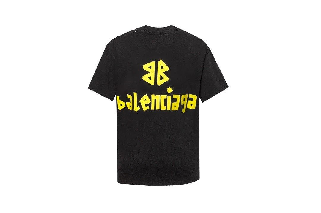 Balenciaga T-shirt Holed Back Yellow Tape Print logo Round neck short-sleeve pure cotton T T-shirt OS Loose Fit Unisex Summer New Casual Base Shirt Simple T-Shirt