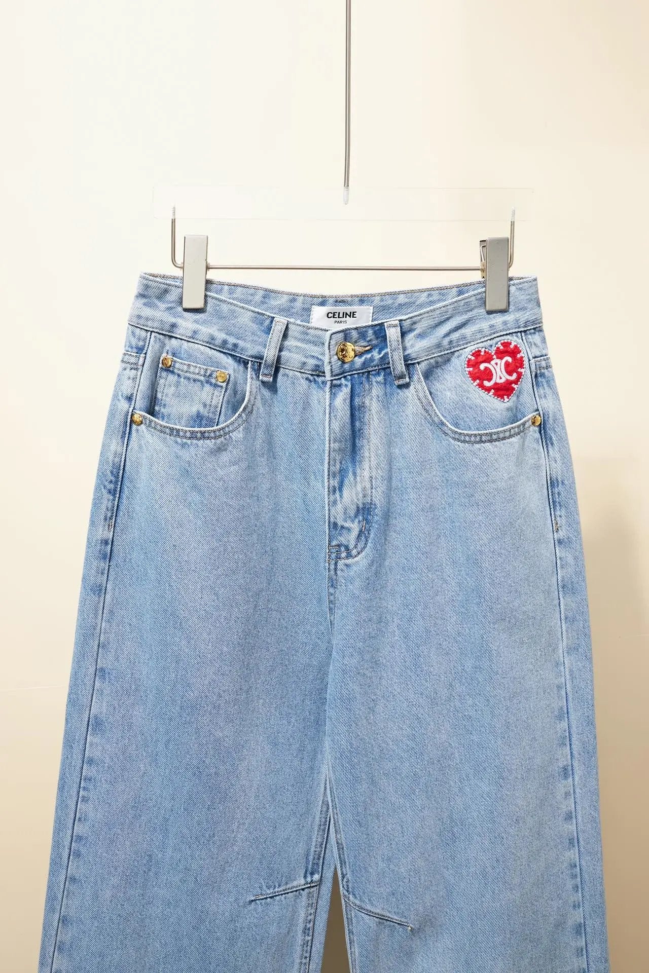 Celine Jeans Red Heart Embroidered Denim Pants for Women Versatile Casual