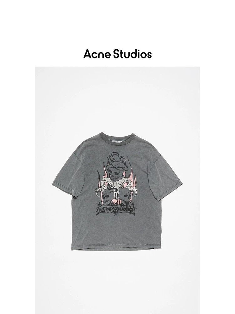 Acne Studios T-shirt Top Version【New Product】Men's and Women's Same Retro Distressed Faded Cotton round Neck T T-shirt Short Sleeve Top