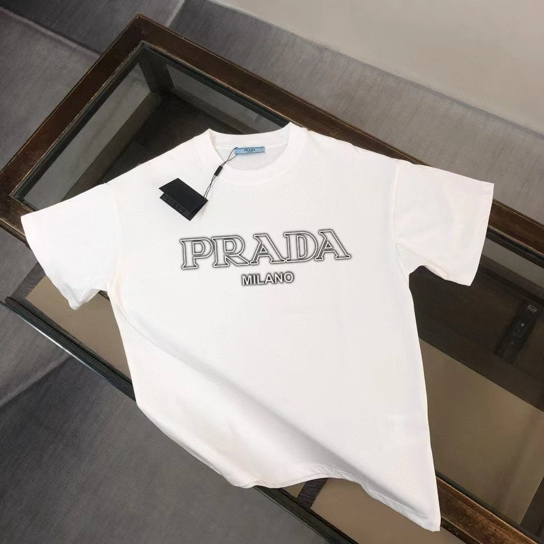 PRADA T-shirt Chest Letter Embroidery logo round Neck Short Sleeve25ss New Pure Cotton Unisex Style T Casual T-Shirt Base Layer Shirt OS Loose Fit Half Sleeve Top Plus Size