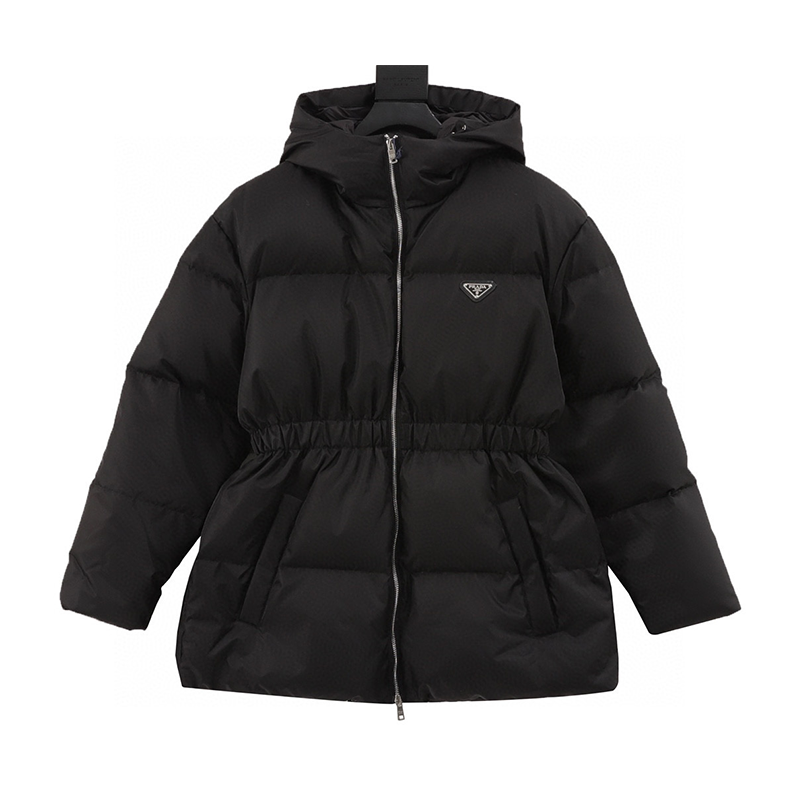 PRADA Down jacket 24ss Iron Brand Triangle Mark Hoodie Cinched Mid-Length down Jacket Women's