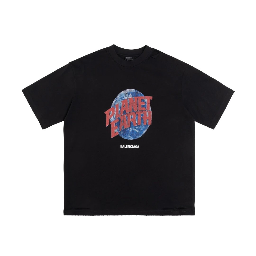 Balenciaga T-shirt Distressed Ripped Earth logo round Neck Short Sleeve T T-shirt os Drop Shoulder Loose Fit Unisex