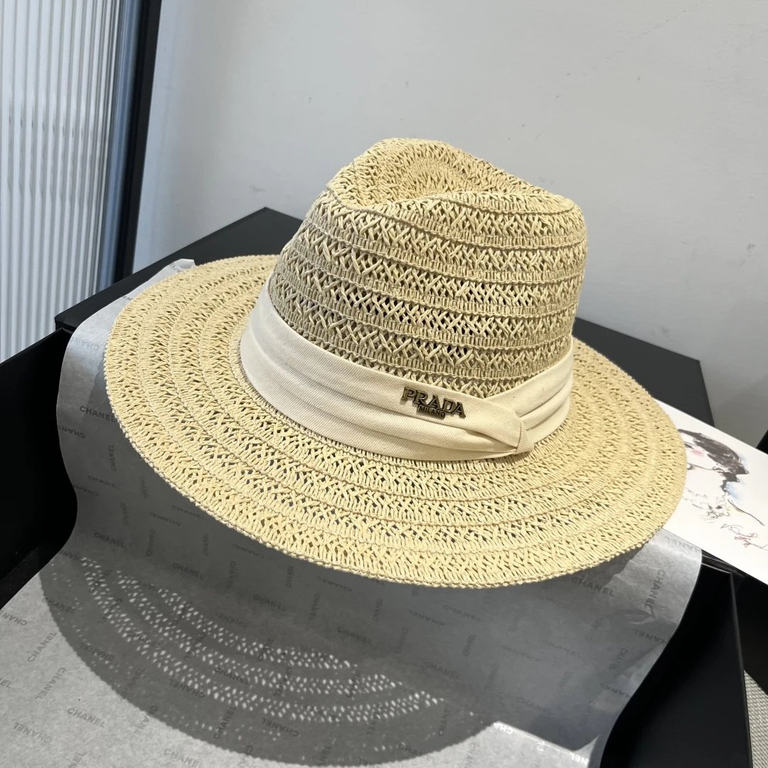 PRADA Hat Classic Letters logo Fisherman Hat Straw Hat Casual Sun Protection Outdoor Versatile UV Protection Plain Face Covering Sun Hat Flat Top Bucket Hat