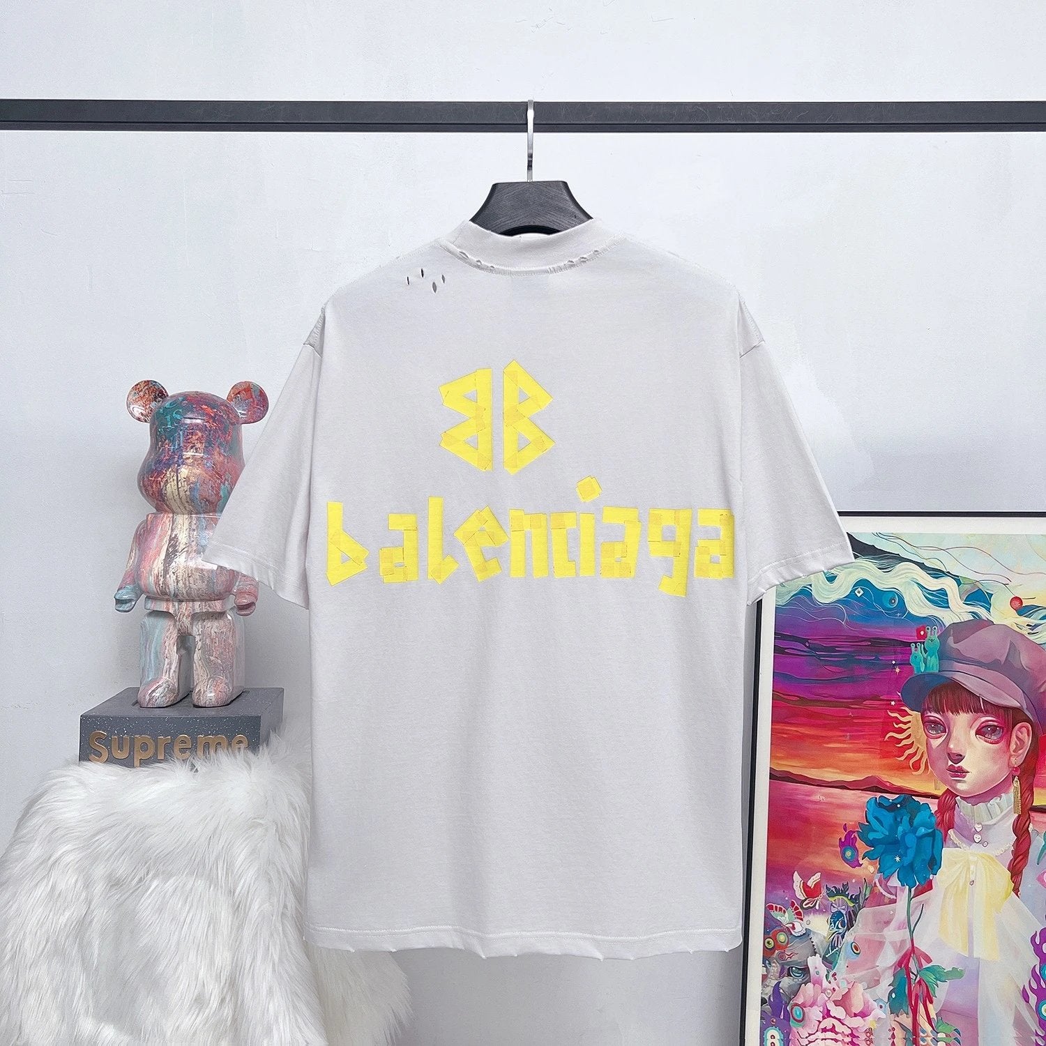 Balenciaga T-shirt Yellow Tape Print logo round Neck Short Sleeve25ss New Pure Cotton Unisex Style T T-shirt OS Loose Fit Base Shirt Top Half Sleeve T-Shirt