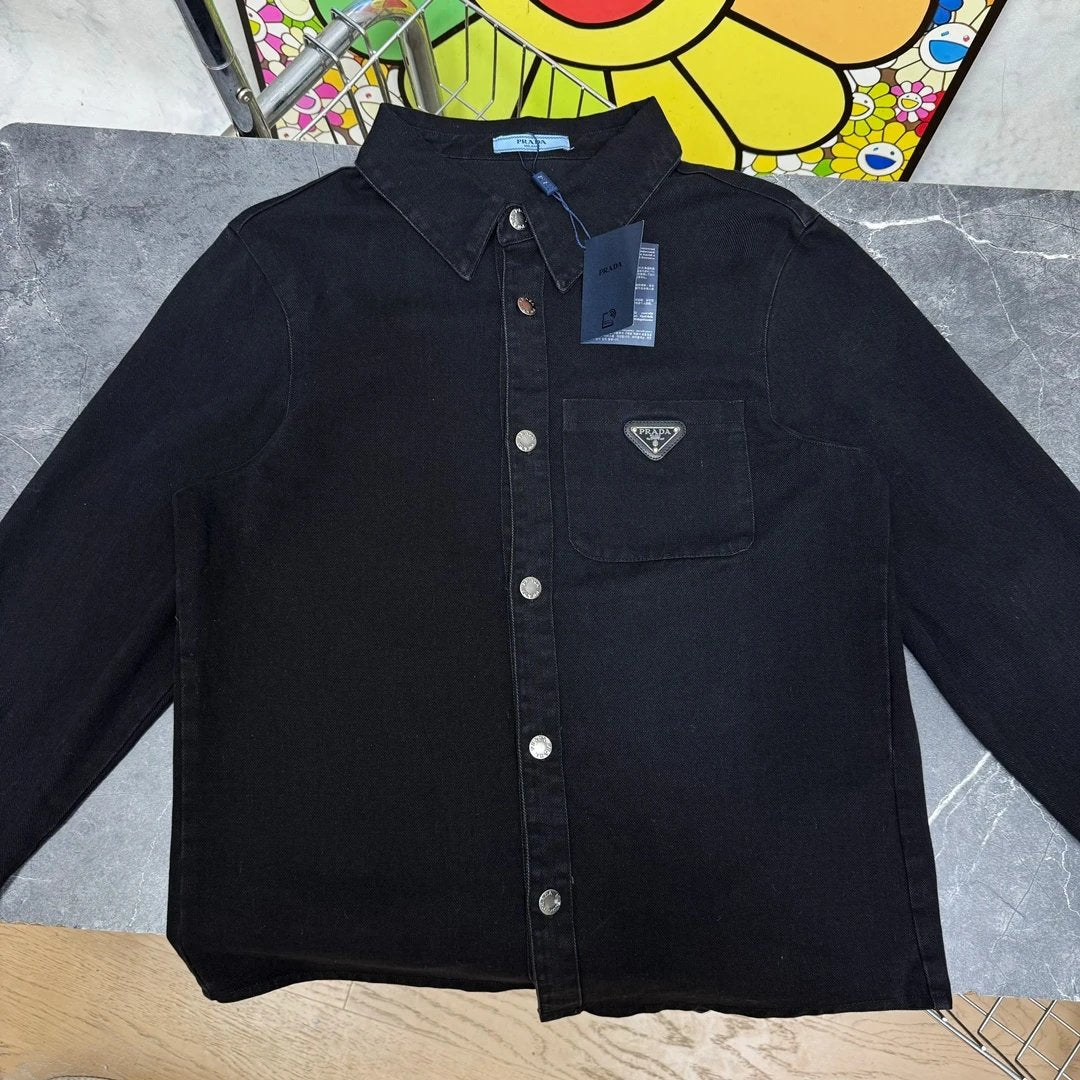 PRADA Jackets Pocket Small Logo Washed Jacket350100% Cotton Denim Lapel Long Sleeve Shirt Jacket Men's Casual Loose Versatile Shirt Cardigan os Version24ss Autumn and Winter New Products
