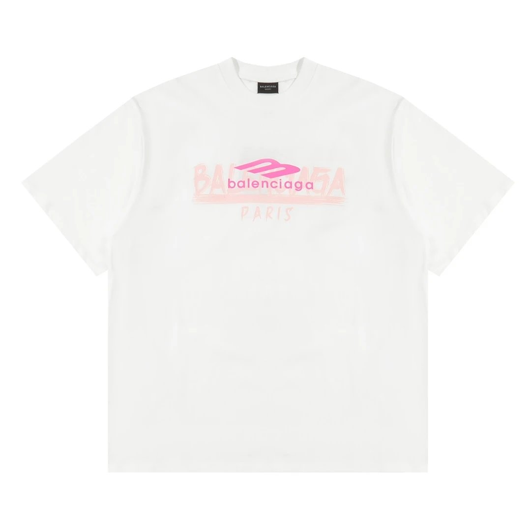 Balenciaga T-shirt Pink double print on the chest logo round Neck Short Sleeve25ss New pure cotton T Unisex T-Shirt OS Loose Fit Base Shirt Top Half Sleeve T-Shirt