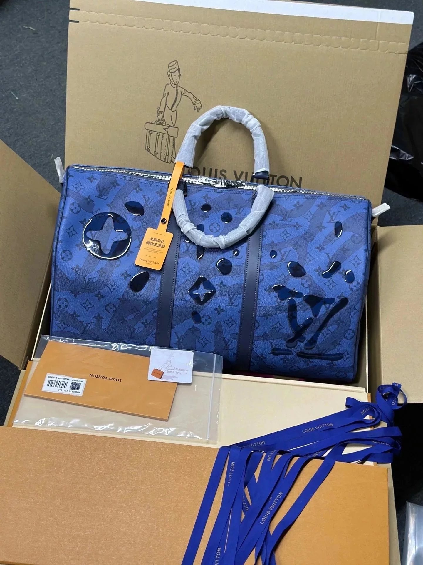 Louis Vuitton LV Travel Bag Top version 【Overseas Surrogate Shopping】M22573Blue Water Drop Ink Travel Bag keepall35Gym Bag Travel Bag Shoulder Messenger Handbag M22570Water Park Mint Green