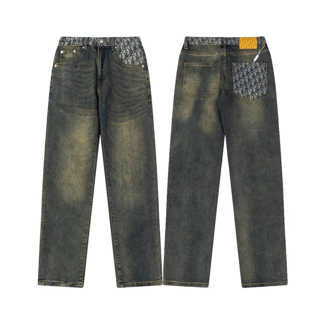 Dior Jeans Belt Pocket Full Print Old Flower logo Straight Leg Jeans Autumn Winter New Loose Casual Wide Leg Unisex Long Pants