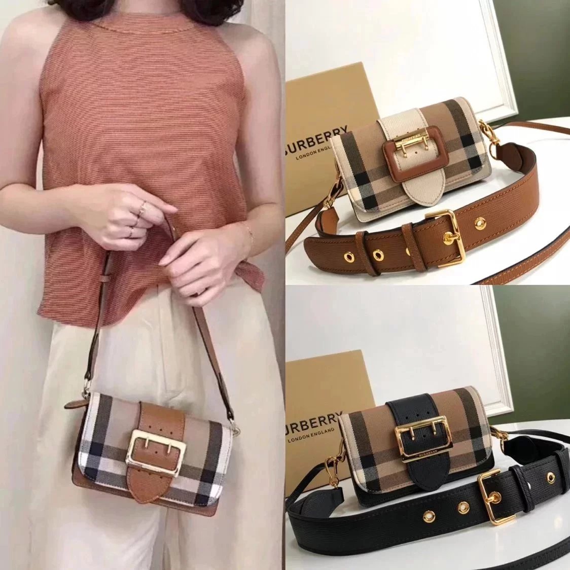 Burberry Women's Bag Top version bucklehouse Women's Bag Plaid Turn-Lock Clasp Bag Plaid Leather Patchwork File Holder Shoulder Bag Messenger Bag Double-Shoulder Strap Underarm Bag