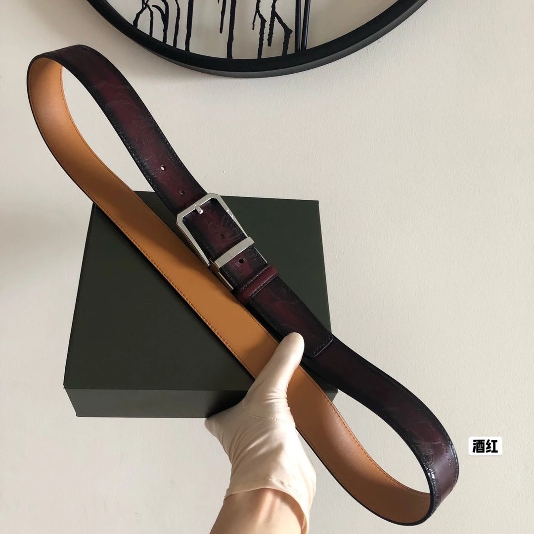 Berluti Belt Top version Original Single Men's New High-End Double-Sided Belt Waist Belt Pure Steel Rotating Pin Buckle Buckle Double-Sided Two-Color Totem Carving Carved Genuine Leather35mm Full Package Belt Men