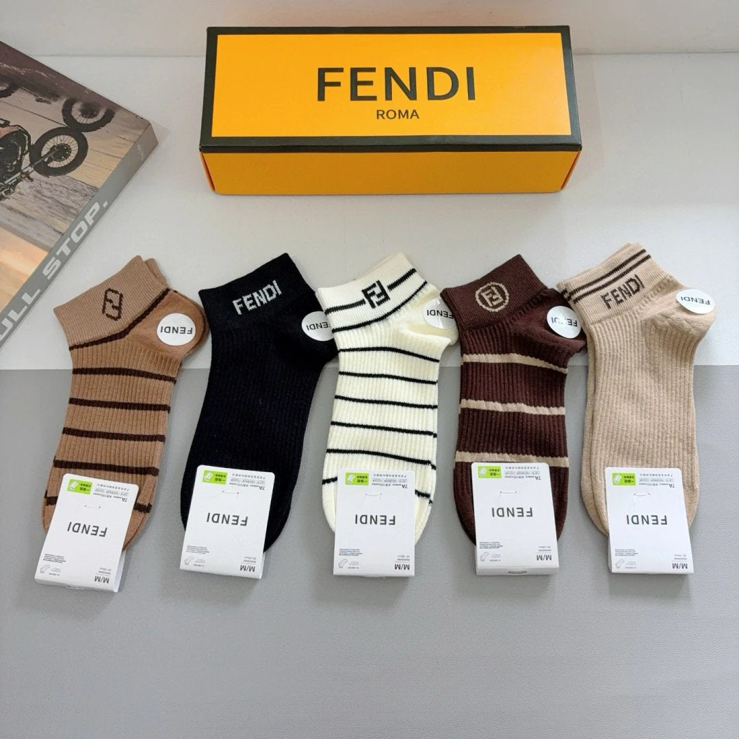 Fendi Sock 【a Box5Double】Double F Letter stripes logo Breathable Fashion25ss New Short Cotton Socks Spring Summer Autumn Thin Business Deodorant Sweat-Absorbing Sports Casual Versatile