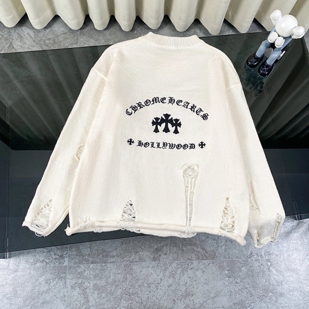 Chrome Hearts Sweater Patchwork Distressed Knit Crew Neck Sweater Long Sleeve Pullover Thickened Lazy Style OS Loose Fit Knit Jacket Unisex Casual Wearable Inside and Outside Versatile