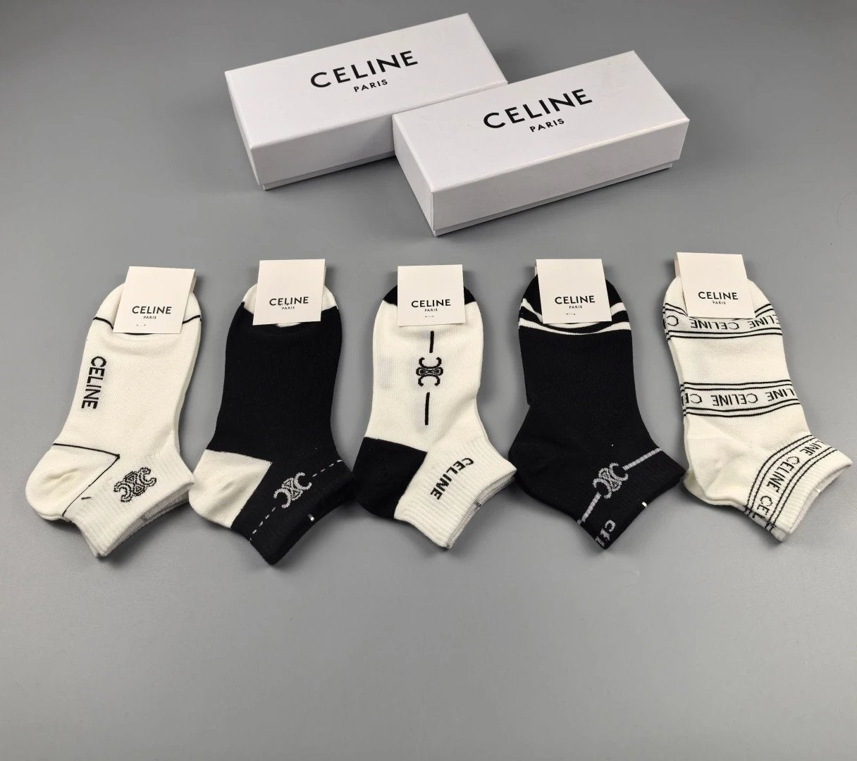 Celine Sock 【Five Pairs Per Box】Classic Letters logo Pure Cotton Mid-Calf Slouch Socks Breathable Fashionable25ss New Cotton Socks Spring Summer Autumn Thin Business Sports Casual Versatile Deodorant Sweat-Absorbing