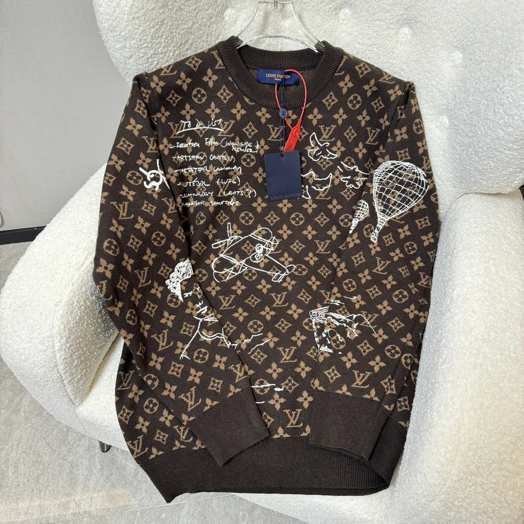 Louis Vuitton LV Sweater Embroidered Sheep Wool Crew Neck Sweater Long Sleeve Pullover Thickened Lazy Style OS Loose Fit Casual Jacket for Men and Women, Versatile Inner Layer