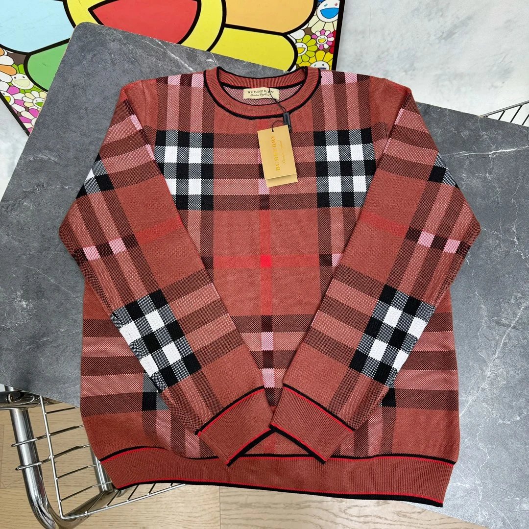 Burberry Sweater Patchwork Classic Plaid Round Neck Knit Sweater700Kegao Heavyweight Pullover Sweater Casual Loose Versatile Cashmere Sweater os Unisex Style24ss Autumn and Winter New Products