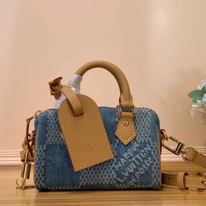 Louis Vuitton LV Women's Bag Top version 【Super Original Leather】Speedy25Handbag N40700Blue(Plaid Denim)FWPjh New Denim Handbag Pillow Bag【FWNanospeedy18cm Handbag】N40682Blue(Plaid Denim)