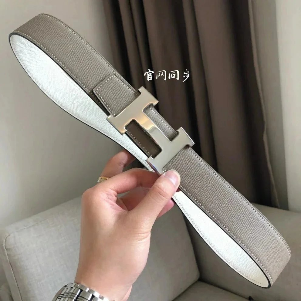 Hermes Belt Top version 【High Quality in Stock】New First Layer Cowhide Belt Men's and Women's H Buckle Business Casual Double-Sided Available Belt