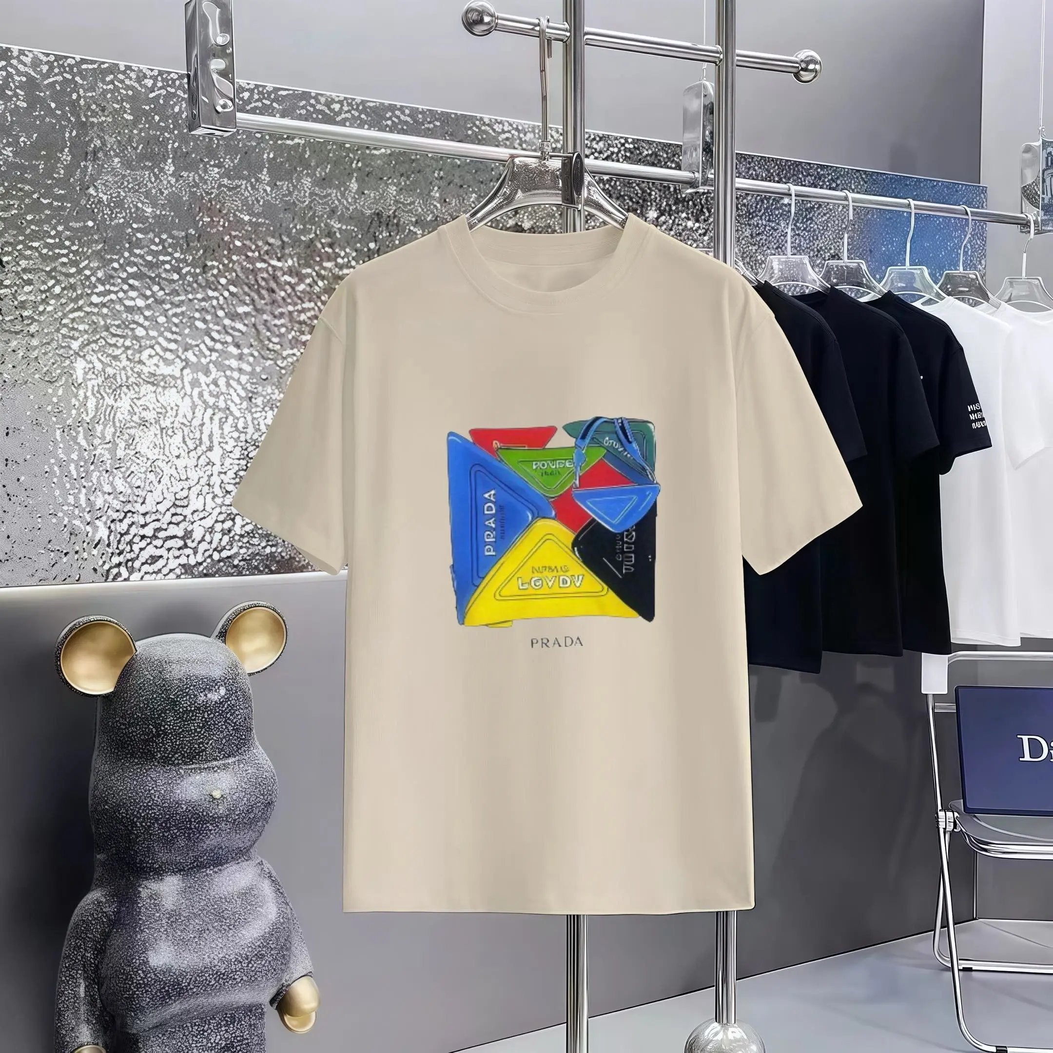 PRADA T-shirt Chest Patchwork Pattern Print logo round Neck Short Sleeve25ss New Pure Cotton Unisex Style T T-shirt OS Loose Fit Base Shirt Half Sleeve T-Shirt Top Half Sleeve