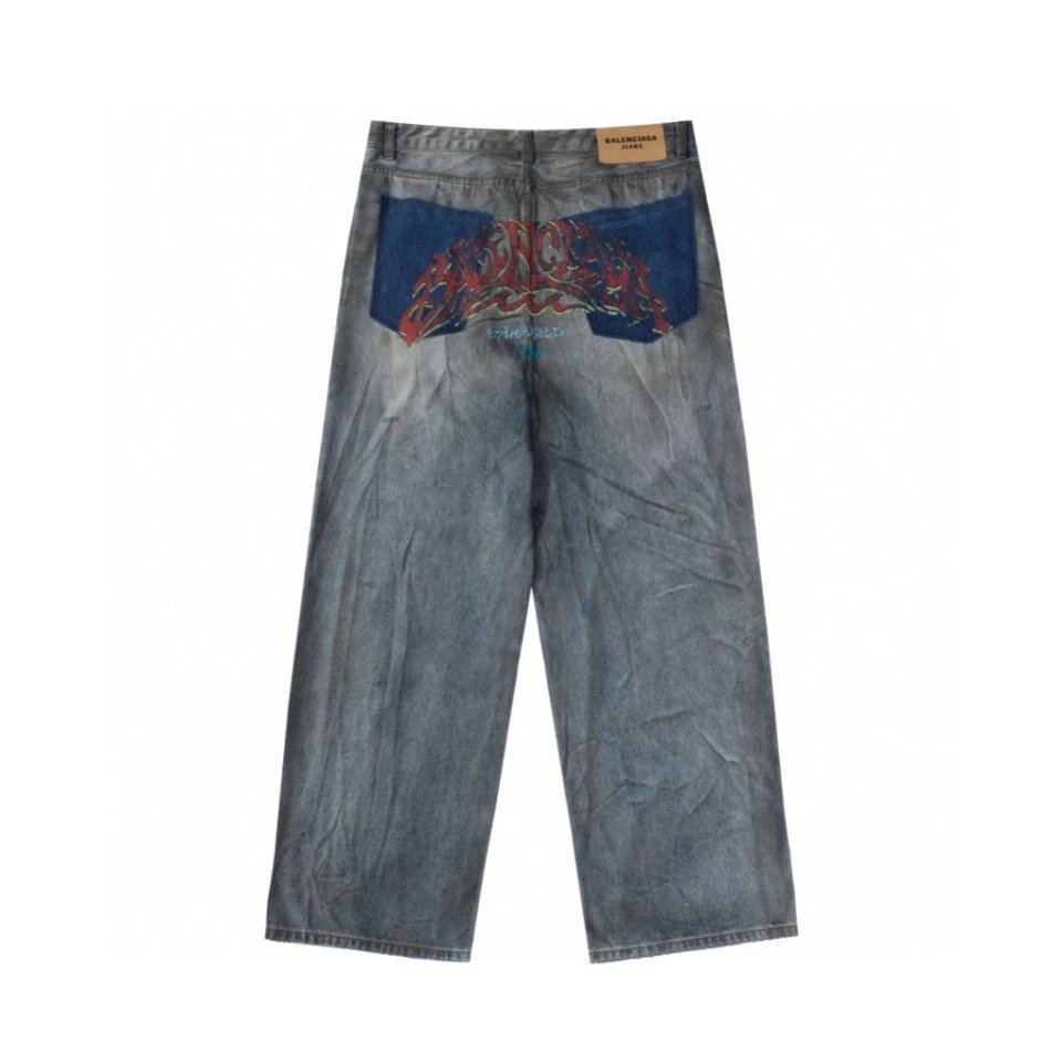 Balenciaga Jeans Heavy Craft Spray-Dyed Dirty Jeans Straight Washed Blue Jeans Autumn Winter New Unisex Long Pants Loose Casual Wide-Leg High Waist