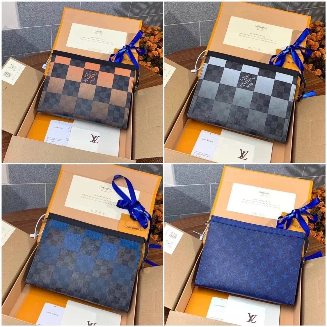 Louis Vuitton LV Wallets/Clutches Top version Upgraded Version POCHETTEVOYAGE Medium Clutch Men's and Women's Handbag Clutch Bag Wash Bag M30432Blue Flower N60412Blue Plaid N60142Gray Grid N60412Orange Grid Men's and Women's Handbags