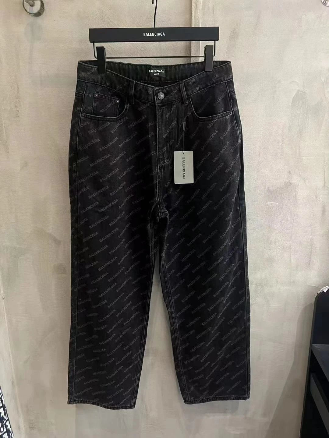 Balenciaga Jeans Alphabet Full Print Denim Pants.Straight-Leg Versatile Fit Heavy-Duty Washed Spray Paint Craft Long Pants Unisex