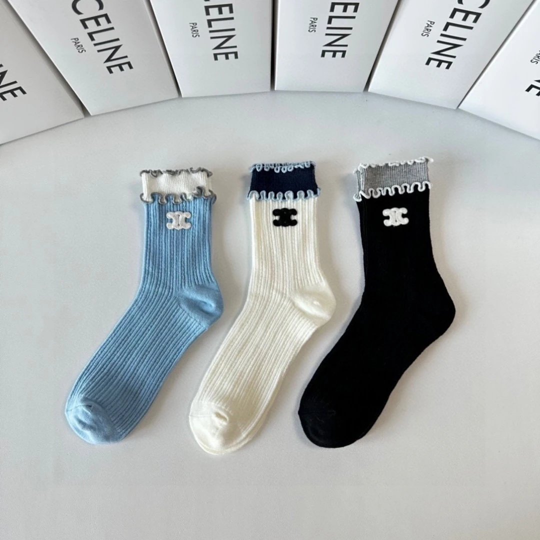 Celine Sock 【A box of three pairs】Classic Letters logo Pure Cotton Mid-Length Slouch Socks Breathable Fashionable25ss New Cotton Socks Spring Summer Autumn Thin Business Deodorant Sweat-Absorbing Sports Casual Versatile