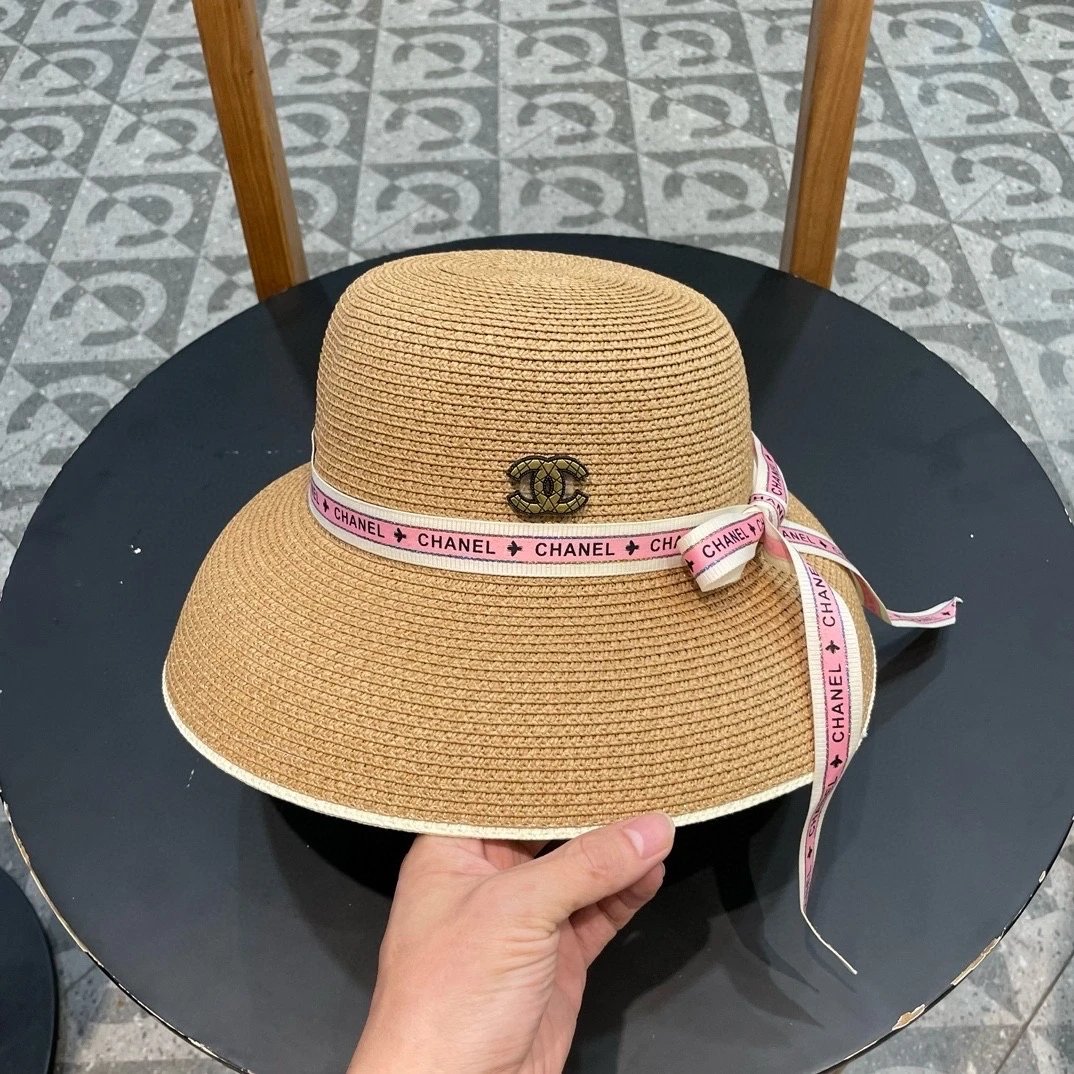 Chanel Hat Casual Sun Hat High Quality Fashion Big Brand Socialite Style Lampshade Billycock,Flat straw hat,Head Circumference57cm Low-Key Luxury Travel Essential