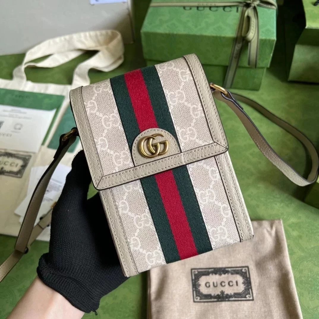 Gucci Men's Bag Top version 【Original Genuine Goods Leather】New Brand New Fashion Series Mobile Phone Bag Messenger Bags Shoulder Bag Men's and Women's Bags Ophidia Presbyopic Mobile Phone Bag11cm Model:696056