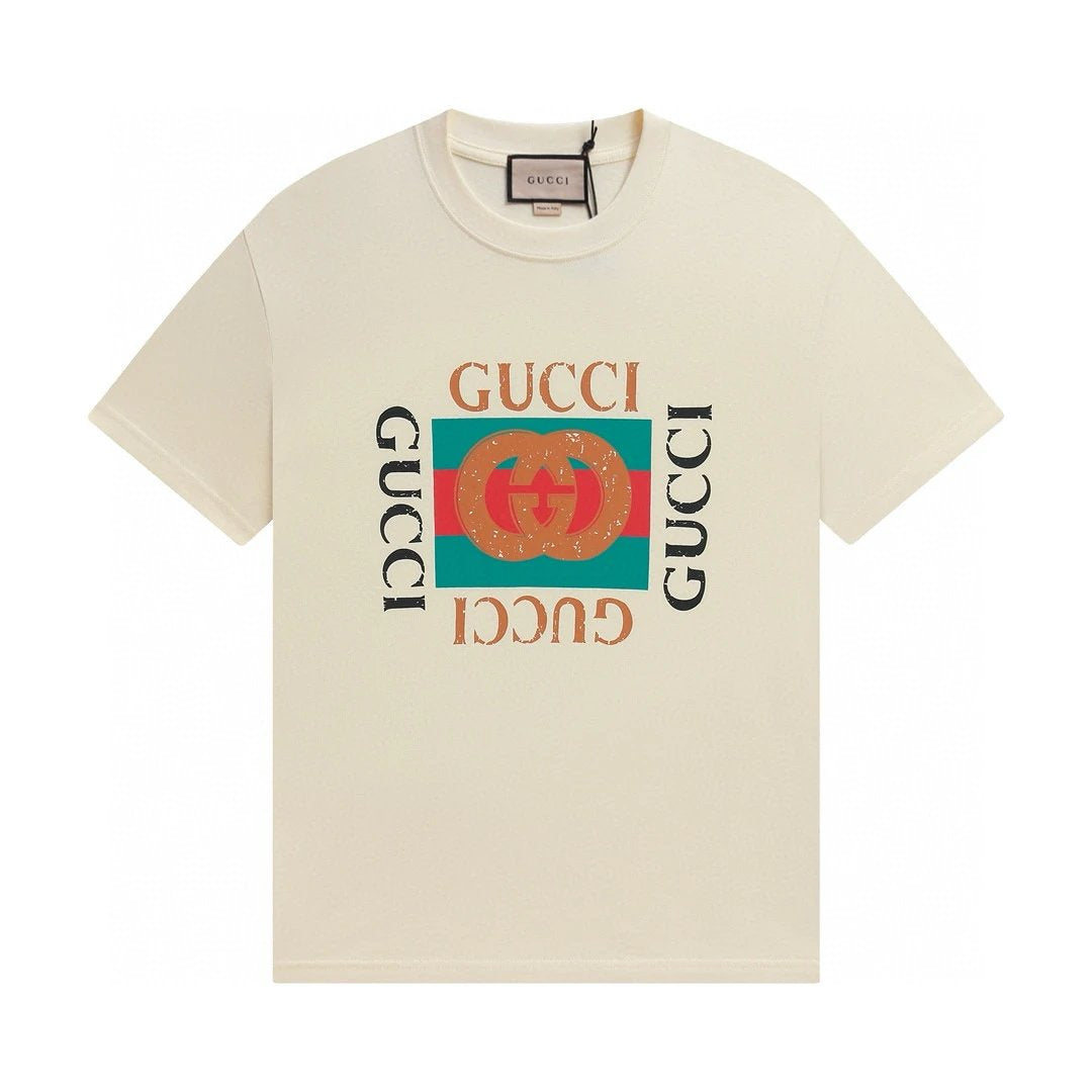 Gucci T-shirt Square Letter Print on Chest logo round Neck Short Sleeve25ss New Pure Cotton Unisex Style T T-shirt OS Loose Fit Base Shirt Top Half Sleeve T-Shirt