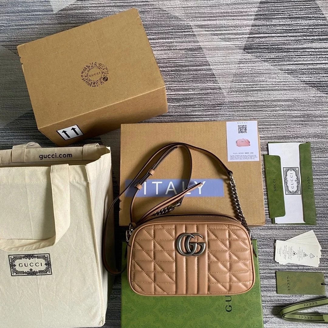 Gucci Women's Bag Top version 【 **Original Leather】Classic Ma Meng Camera Bag Marmont Series Camera Bag Crossbody Bag Large Small Size Size2023New Color Black Hardware Chain Shoulder Bag Large24cm Small Size18cm44763263493644806