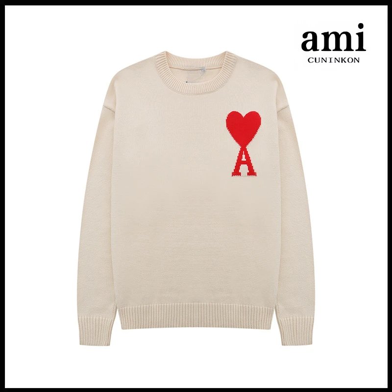 Ami Sweater Knitwear Classic round Neck Big Heart Jacquard Pullover Sweater Loose and Idle Sense Casual Couple Outfit-CY