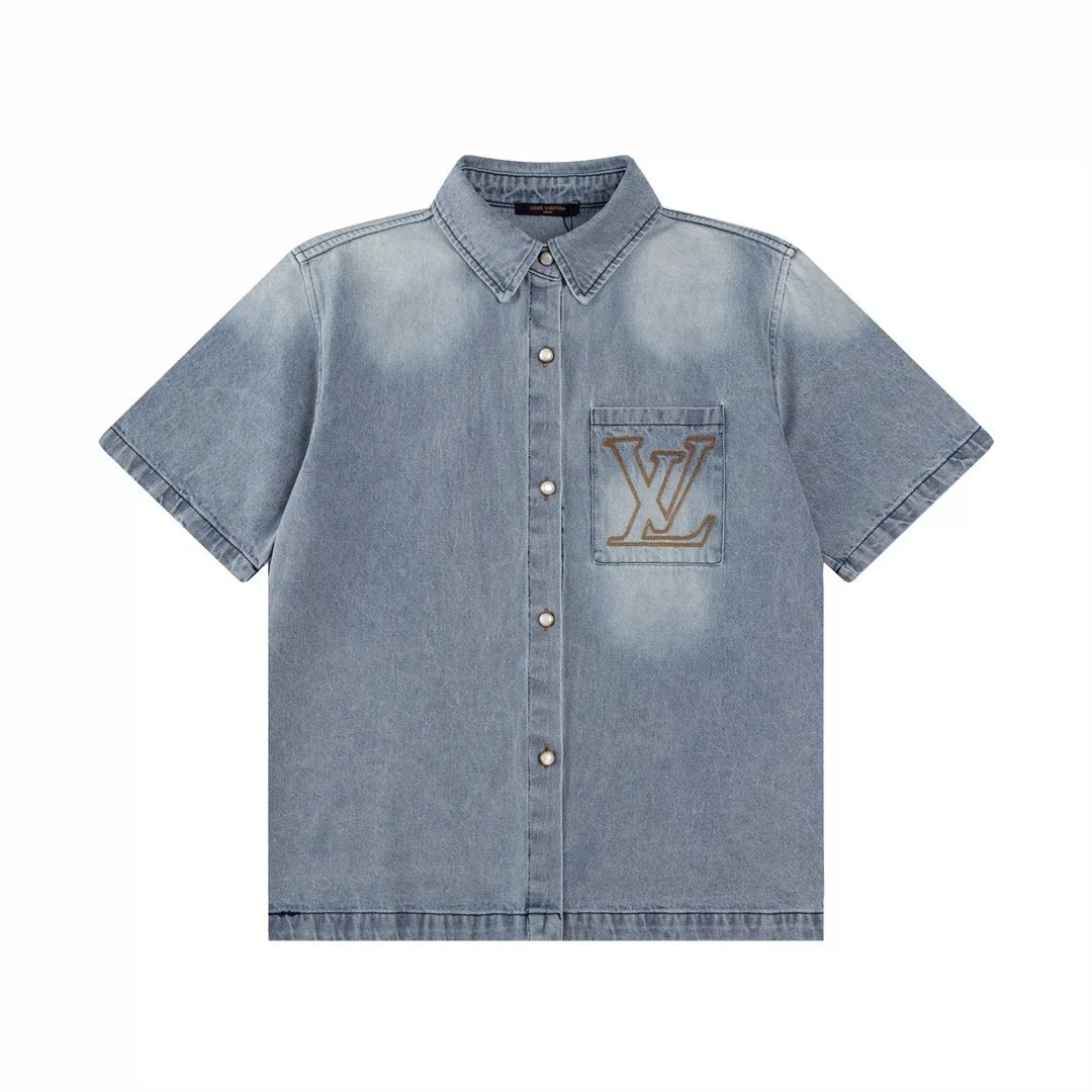 Louis Vuitton LV Shirt Chest Pocket Letter Embroidery logo Saga Turn-down Collar Short Sleeve Shirt Versatile Casual Business Unisex Slim Fit Jacket