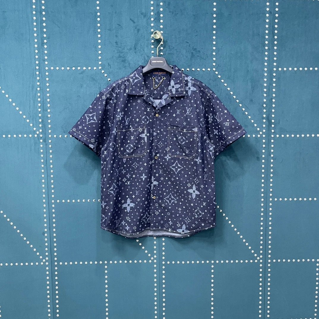 Louis Vuitton LV Shirt Full Print Shadow Old Flower logo Shijia Turn-down Collar Short Sleeve Shirt Casual Business Versatile Slim Fit Unisex Jacket