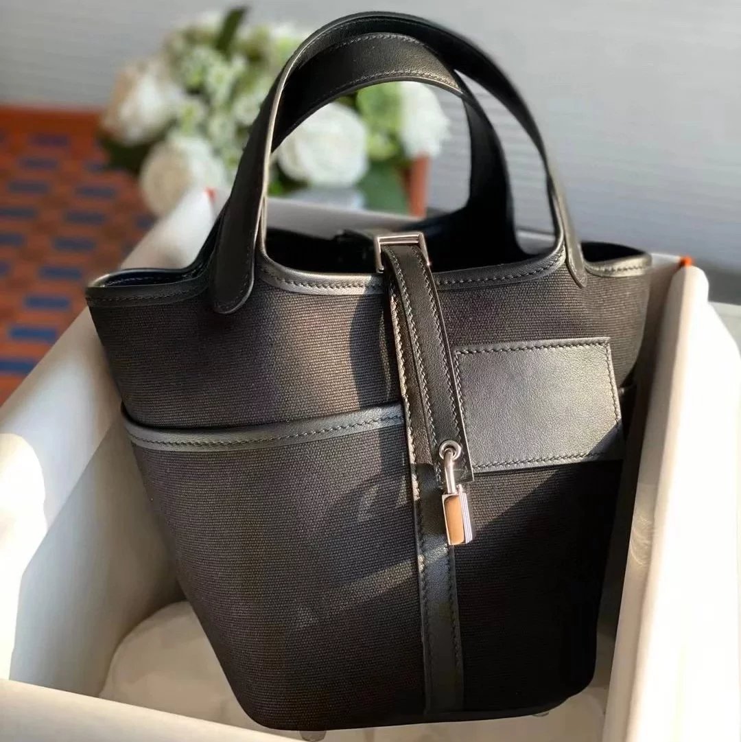 Hermes women's bag Top version H Home Food Basket cargo Bucket Bag nata Cream White Sesame Color Small Bucket picoton18cm Canvas Stitching swift Leather Counter New Hand Sewing