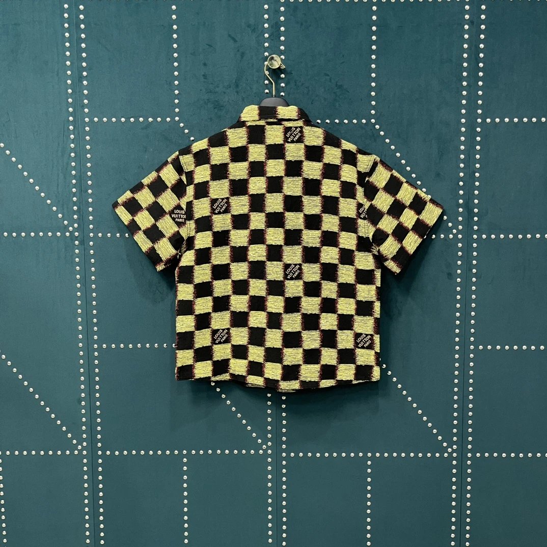 Louis Vuitton LV Shirt Allover Neon Checkerboard Print logo Saga Turn-down Collar Short Sleeve Shirt Versatile Casual Business Unisex Slim Fit Jacket
