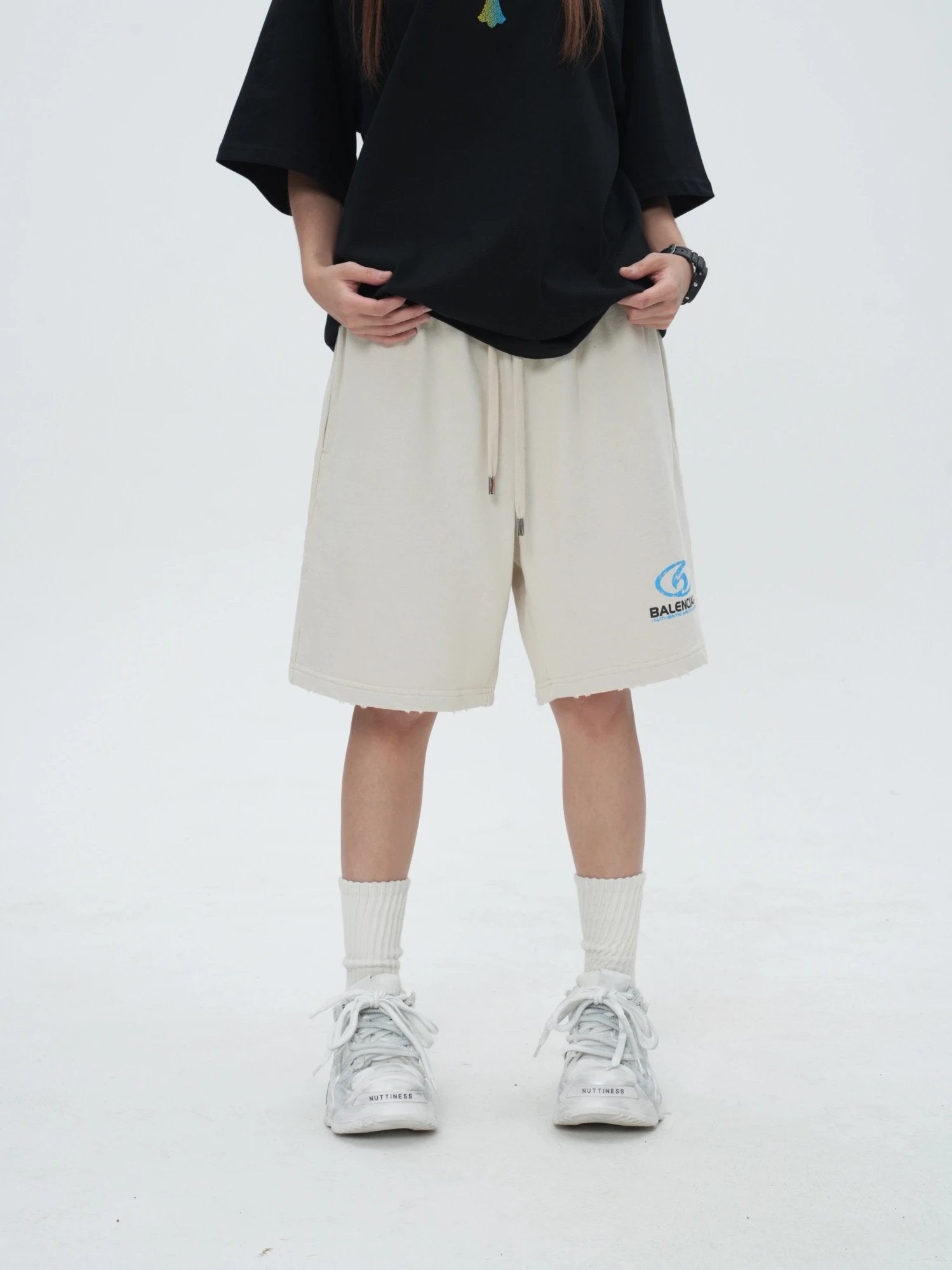 Balenciaga Shorts Front panel Logo Fuzzy 3D Foam Print Shorts Five-Point Shorts25ss New Heavy Drawstring American Style Casual Summer Pants5Two-in-One Casual Sweatpants for Men and Women