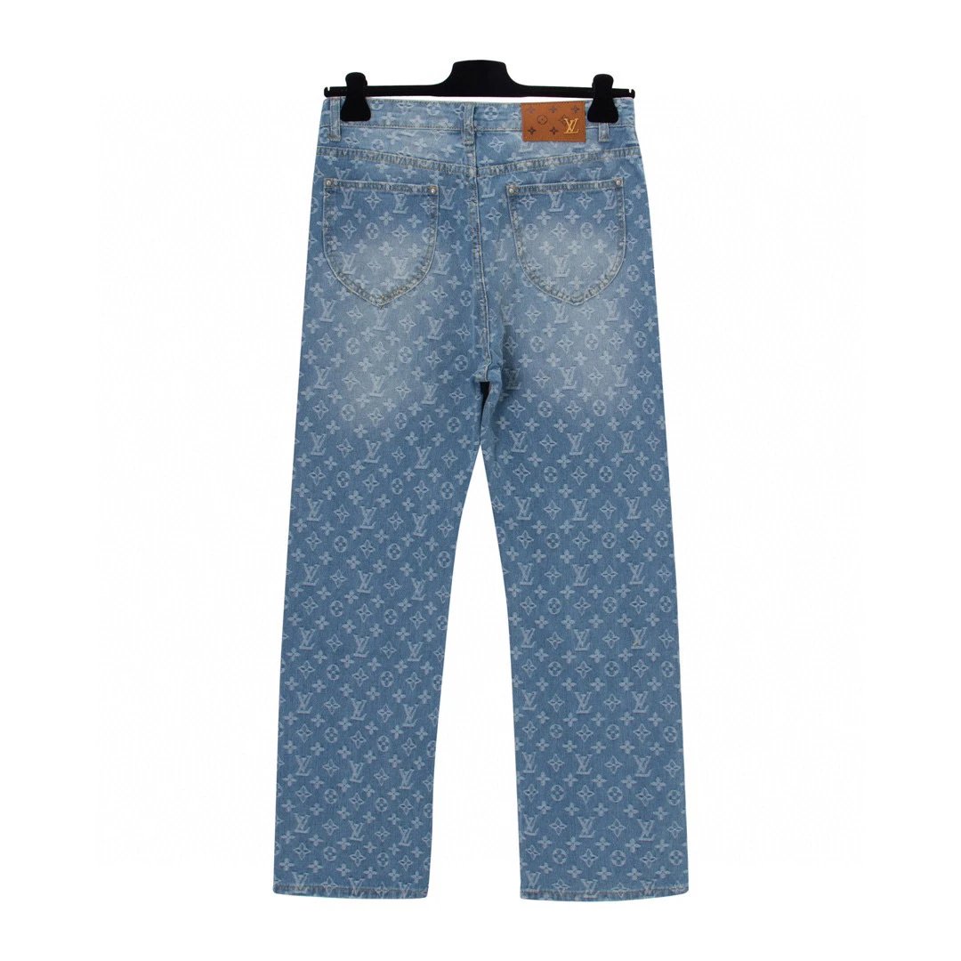 Louis Vuitton LV Jeans Printed with Old Flowers logo25ss Spring Summer New Straight Leg Jeans Unisex Slim Fit Long Pants Loose
