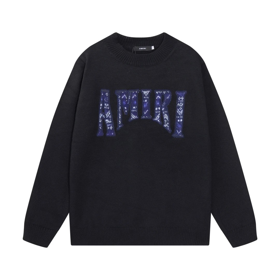 Amiri Sweater Unique Neckline logo Chest Patch Sweater Casual Loose Pullover Crew Neck Knitwear os Knitted Sweater Inner Layer Unisex Same Style24ss Autumn and Winter New Products