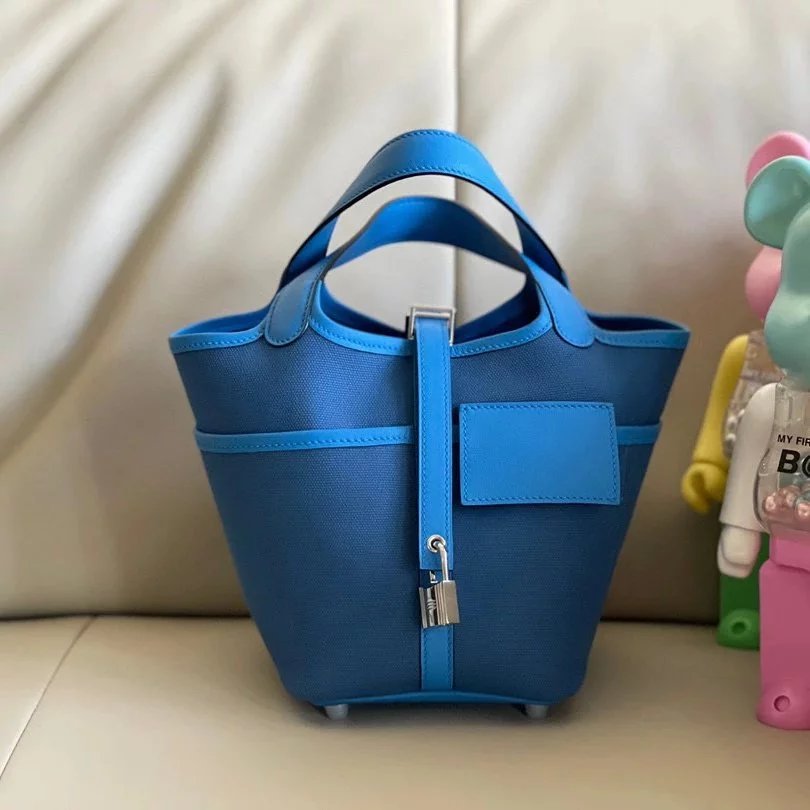 Hermes women's bag Top version H Home Food Basket cargo Bucket Bag nata Cream White Sesame Color Small Bucket picoton18cm Canvas Stitching swift Leather Counter New Hand Sewing