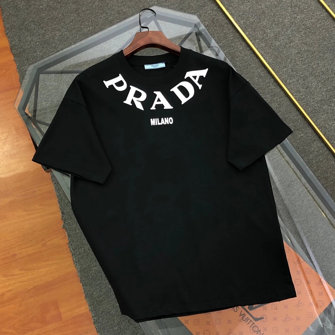 PRADA T-shirt Neckline Printing logo round Neck Short Sleeve25ss New Pure Cotton Unisex Style T Casual T-Shirt Base Layer Shirt OS Loose design