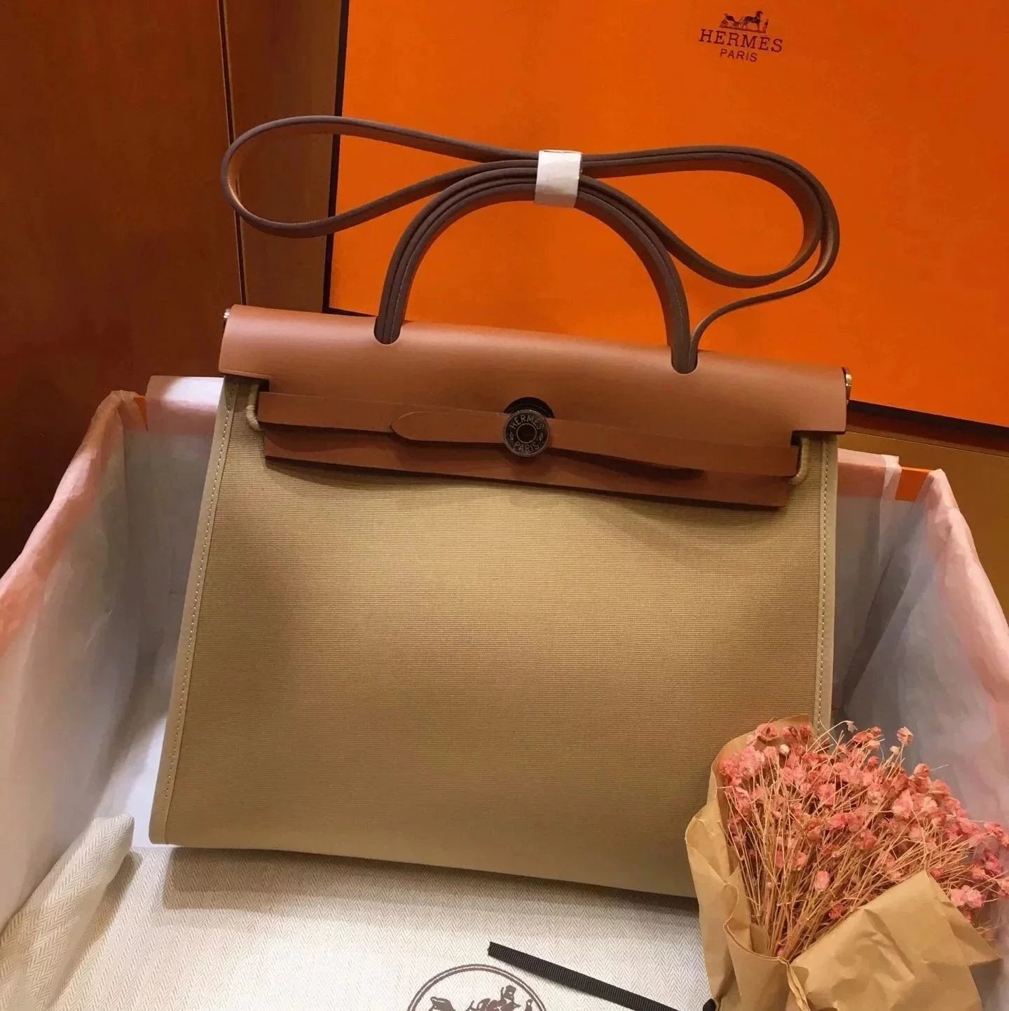 Hermes men's bag Top version 【H Handmade】Canvas Bag herbag31Canvas Stitching Leather One Shoulder Women's Crossbody Handbag Elephant Gray Electric Light Blue