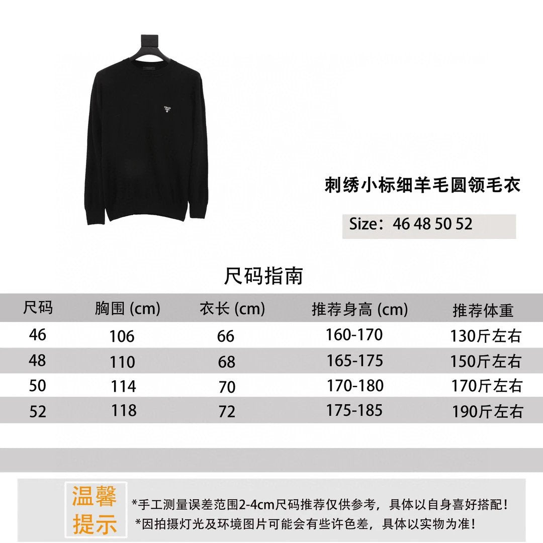 PRADA Sweater Embroidered Small Icon Fine Wool round Neck Sweater for Men and Women