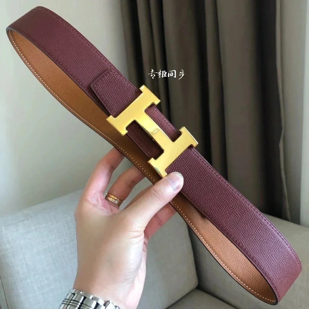 Hermes Belt Top version 【High Quality in Stock】New First Layer Cowhide Belt Men's and Women's H Buckle Business Casual Double-Sided Available Belt