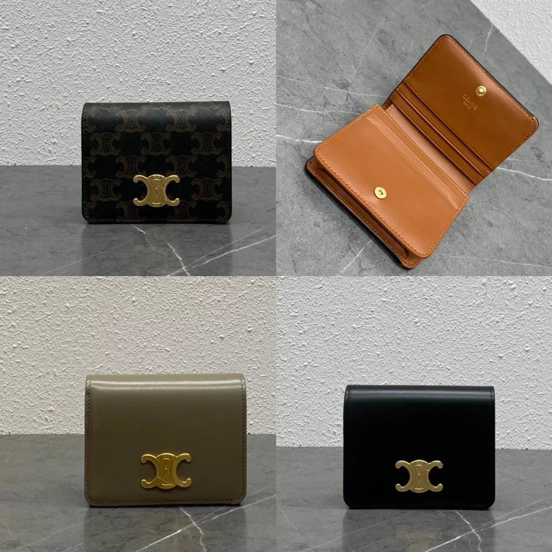 Celine Wallet Top version 【Premium Original Leather】2024New Sale Short Arc De Triomphe Hardware Buckle Wallet.TRIOMPHE Pure Steel Arc De Triomphe Snap Button Closure Short Wallet Women's Presbyopic Wallet Men's Short Wallet