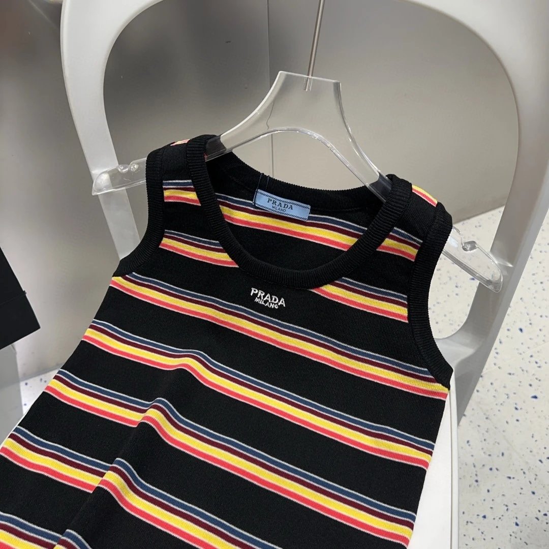 PRADA T-shirt Full-length Striped logo Sleeveless Short Sleeve Sleeveless Vest25ss New Pure Cotton Women's Base Shirt T T-shirt OS Loose Fit Half Sleeve T-Shirt
