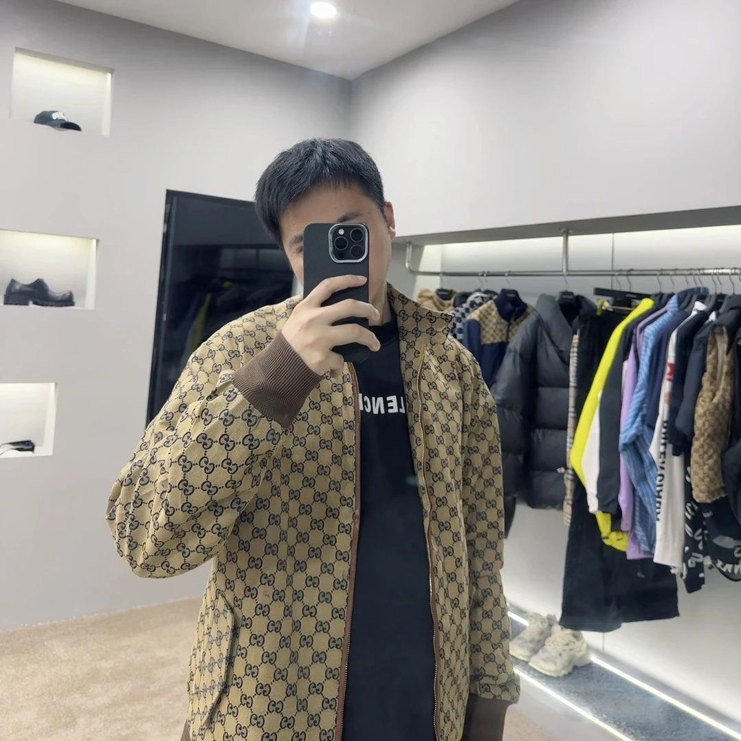 Gucci Jackets 24FW Double G Navy Blue Small Jacquard Stand Collar Jacket Coat Unisex Warm